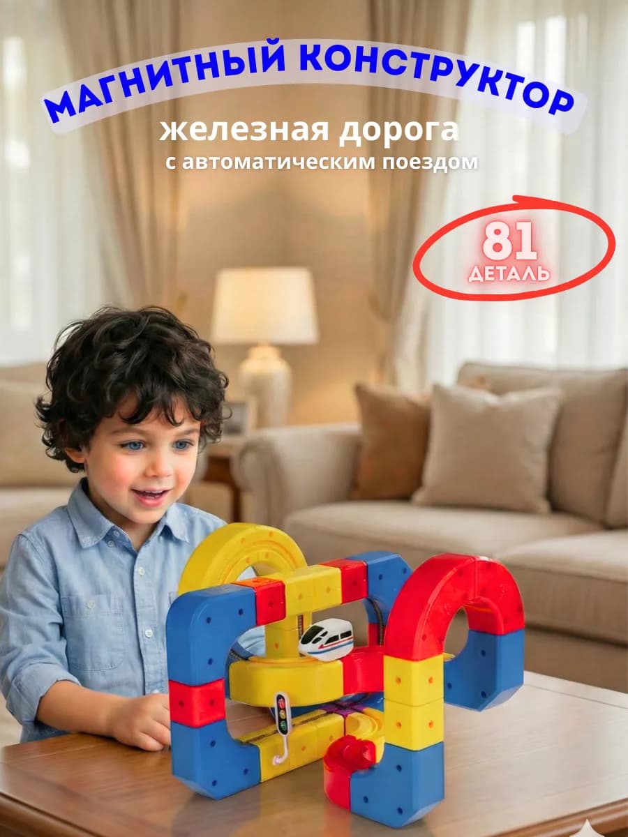 Магнитный конструктор мальчикам поезд. 81 деталь