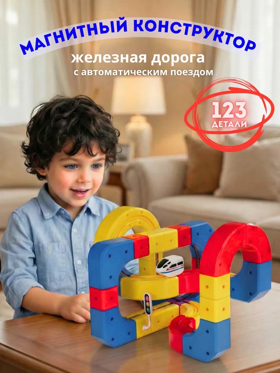 Магнитный конструктор мальчикам поезд. 123 детали