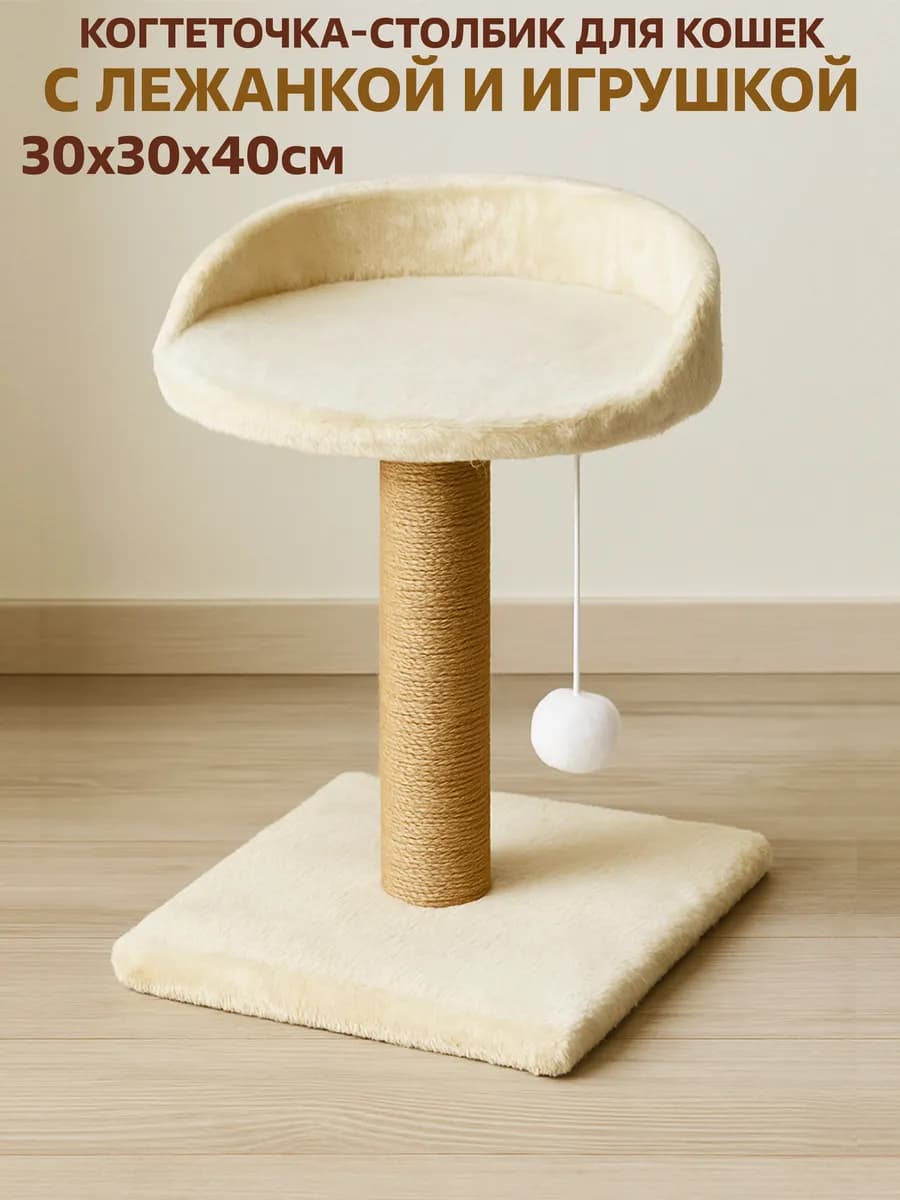 Когтеточка столбик для кошек с лежанкой и игрушкой