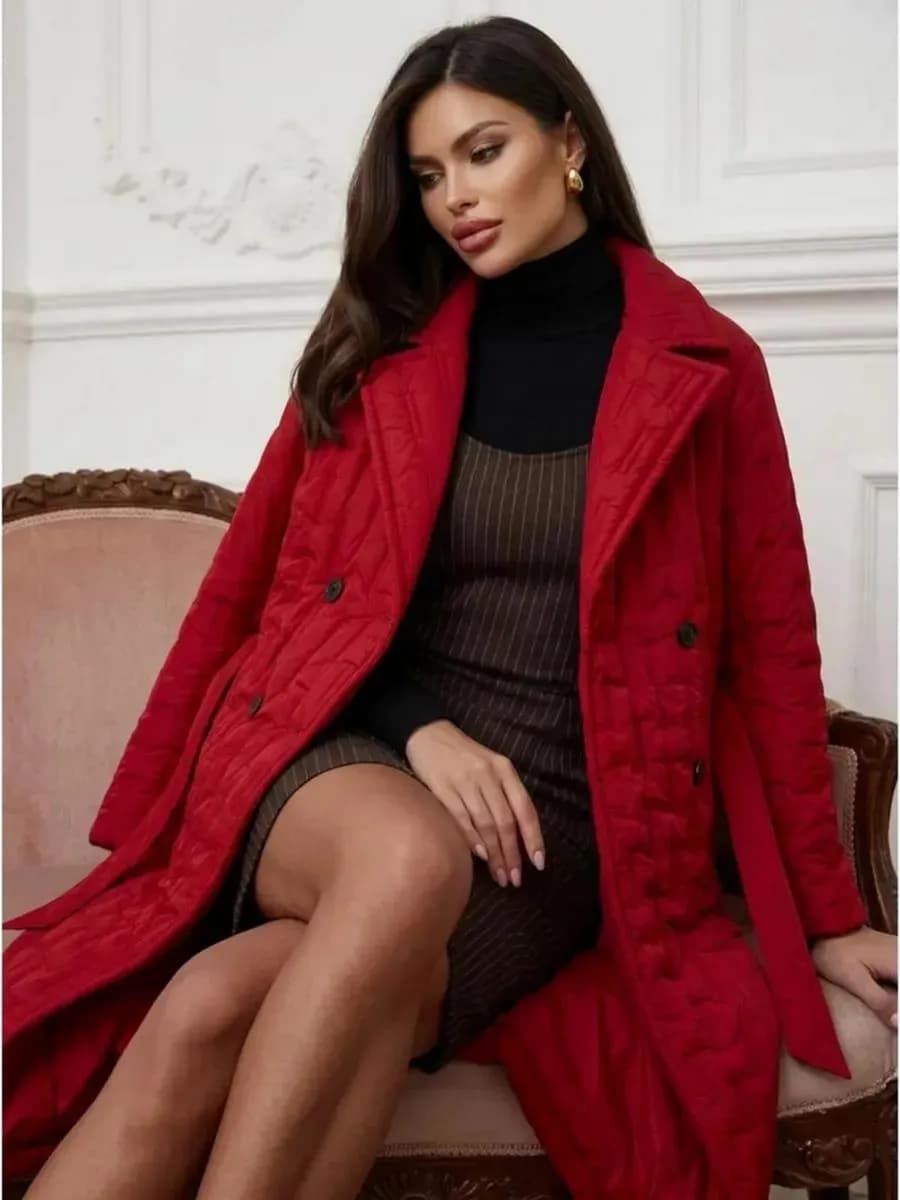 Пальто демисезонное стеганое с поясом длинное