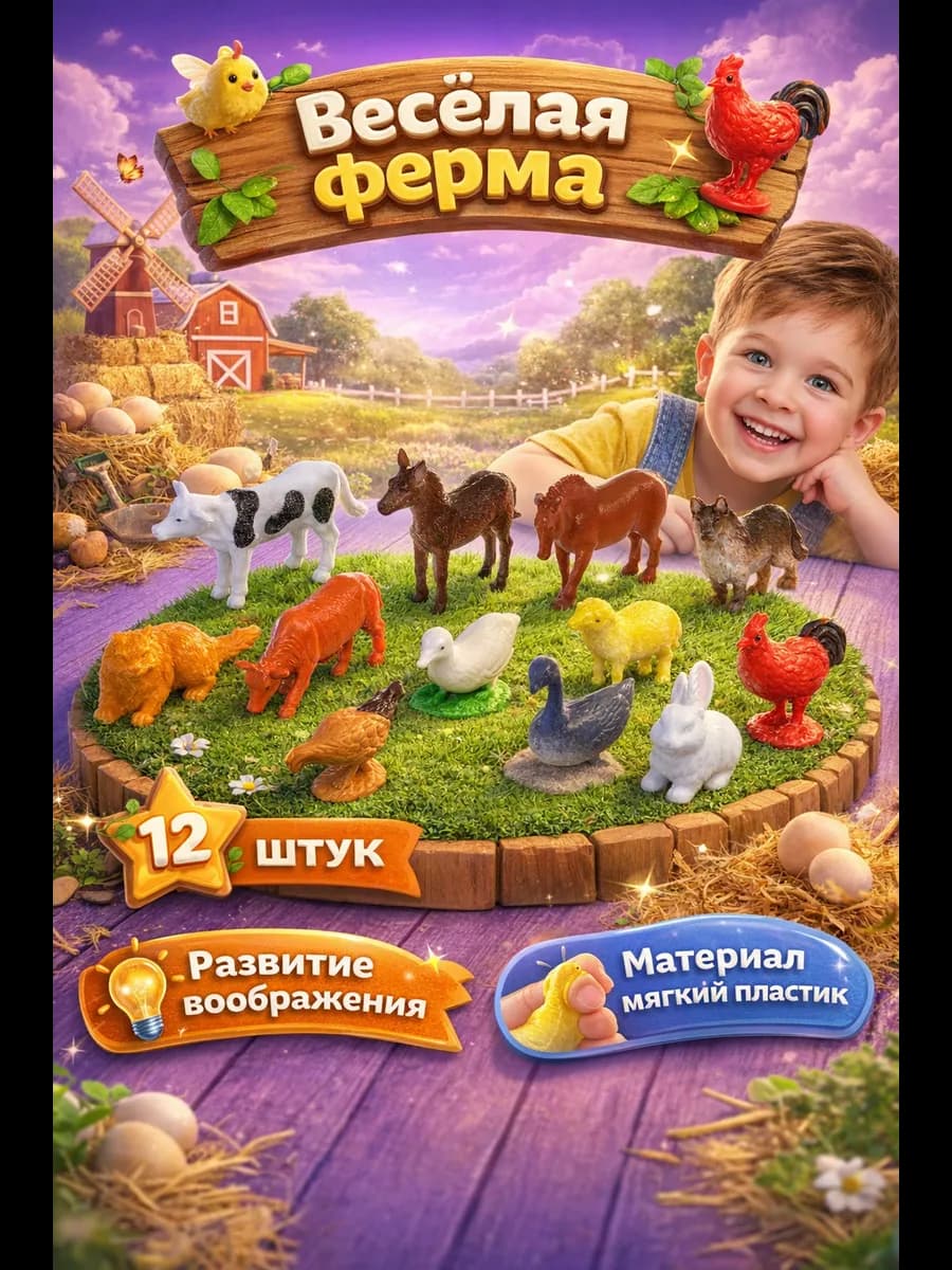 Животные фигурки для малышей ферма набор 12 штук