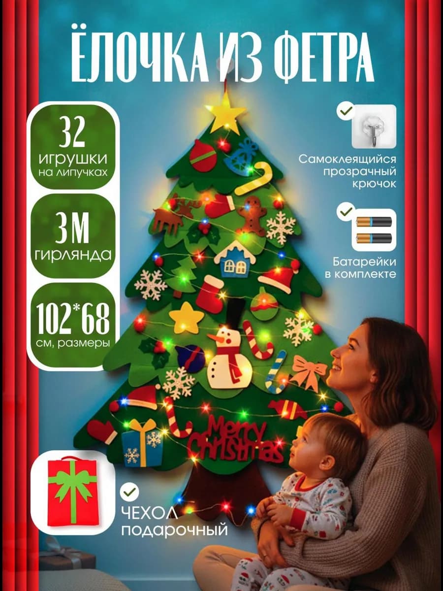 Елка из фетра настенная с игрушками