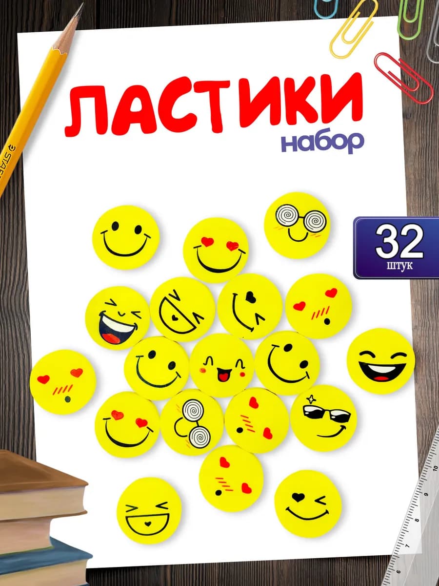 Ластик школьный фигурный смайл набор 32шт