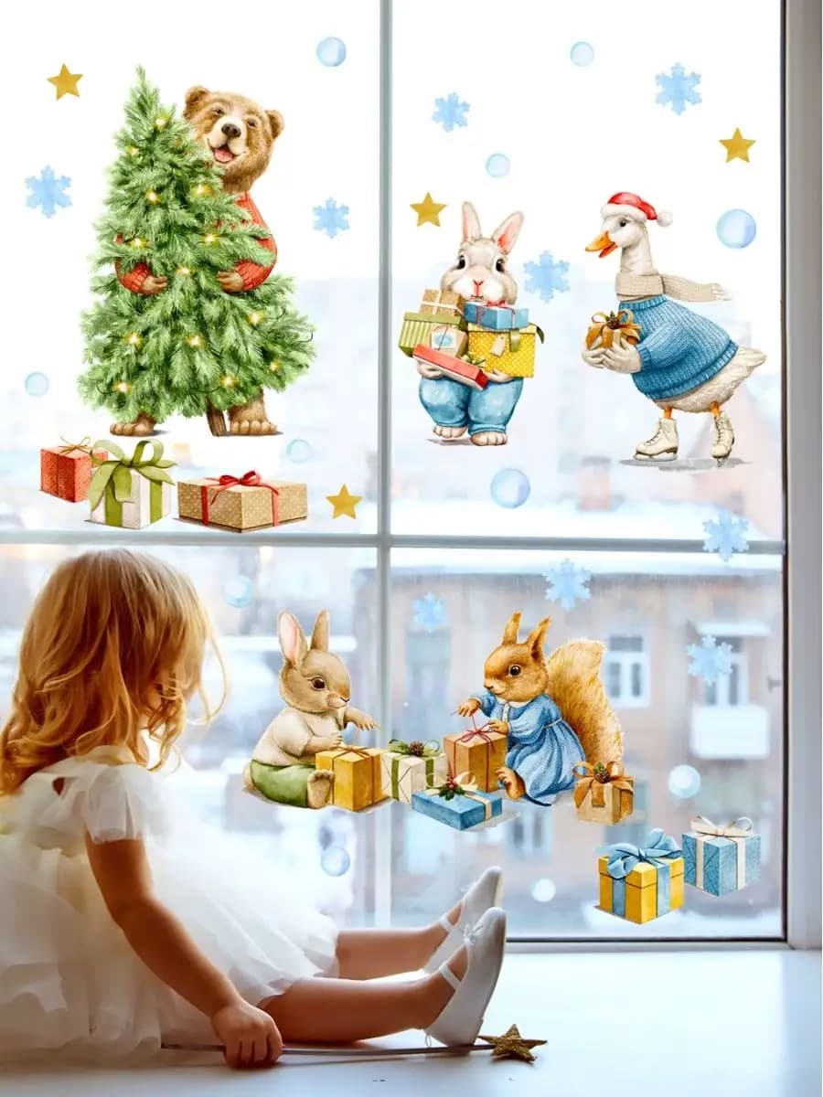 Новогодние наклейки на окна Зверята и елка