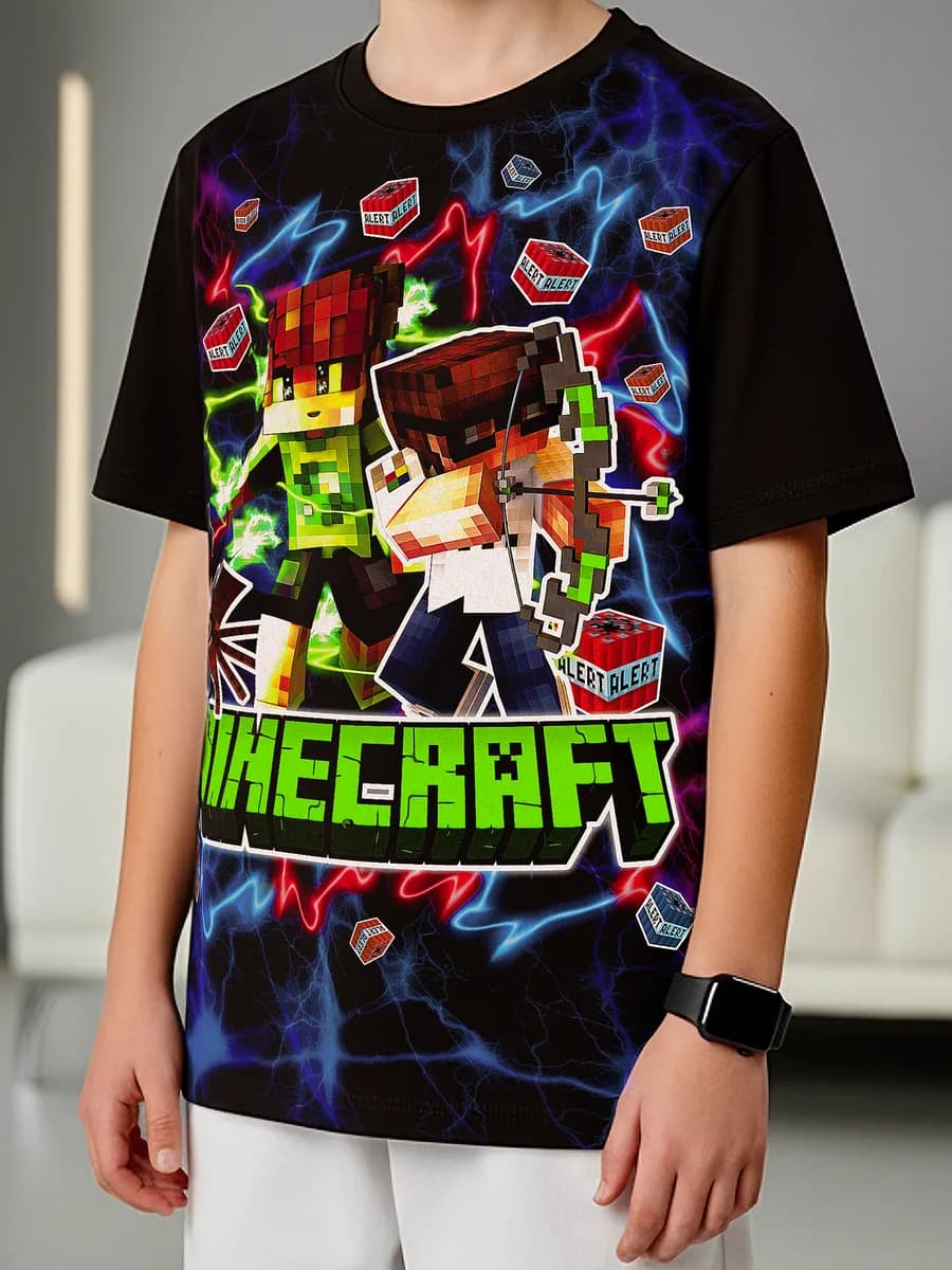 Футболка повседневная хлопок с принтом Майнкрафт светящаяся