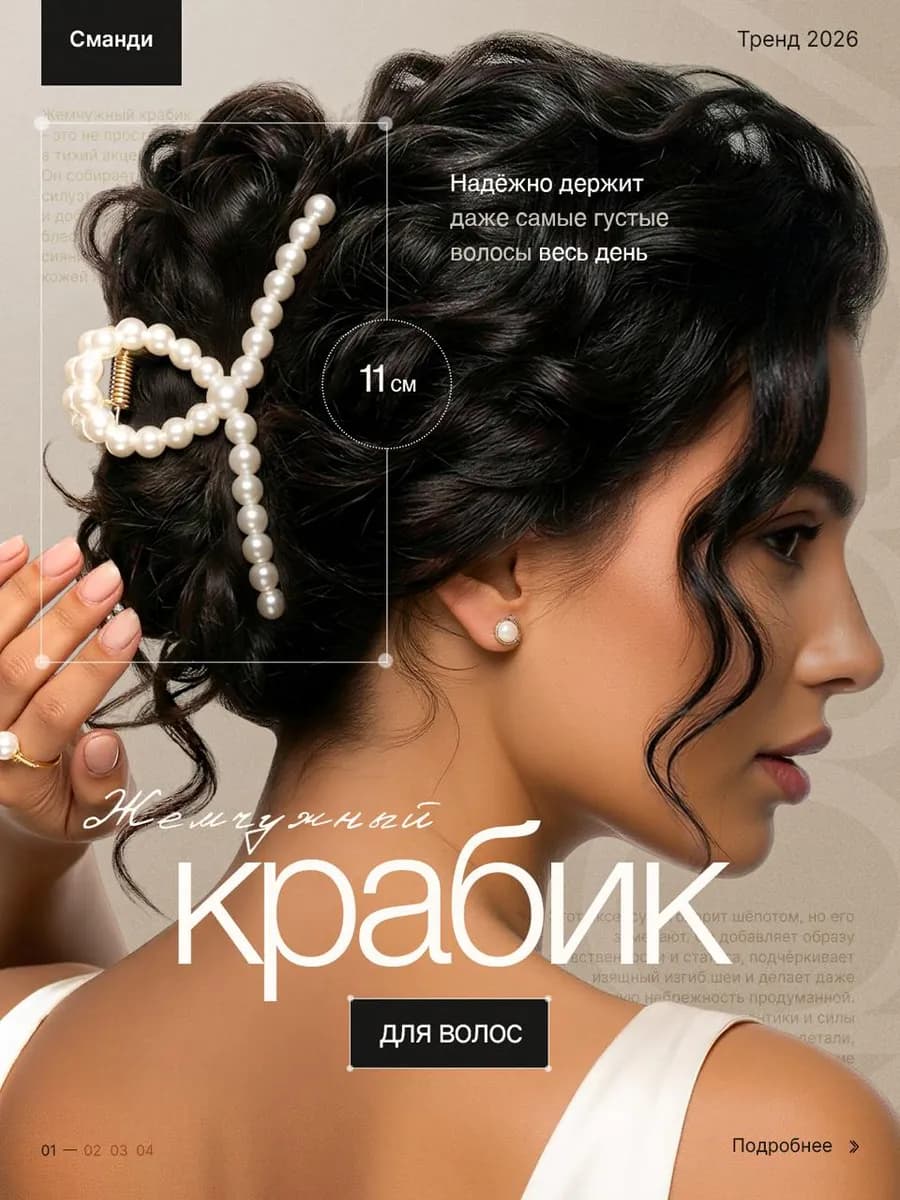 Крабик для волос большой с жемчугом