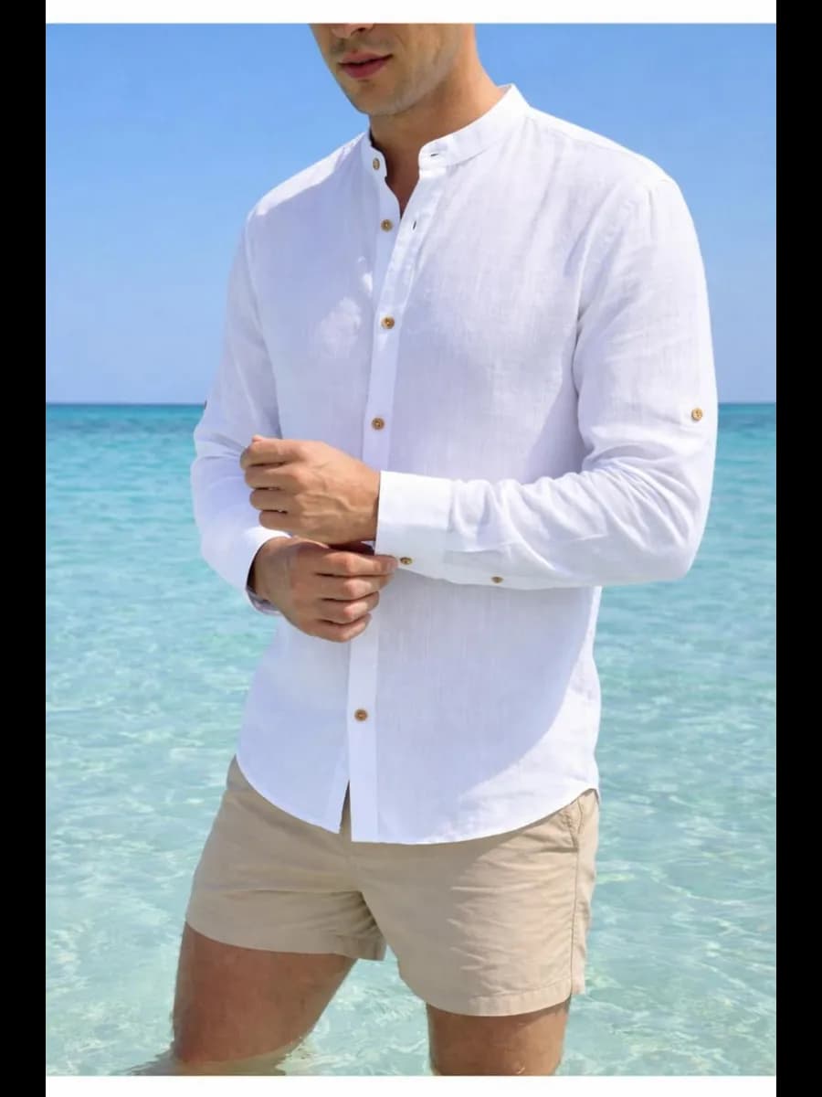 Рубашка с воротником стойкой и длинным рукавом