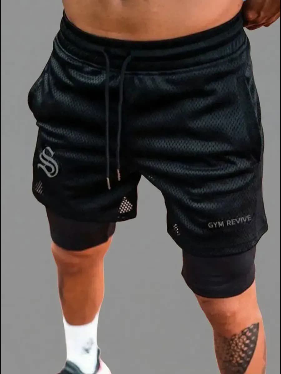 Шорты с тайтсами спортивные черные для фитнеса бега мма