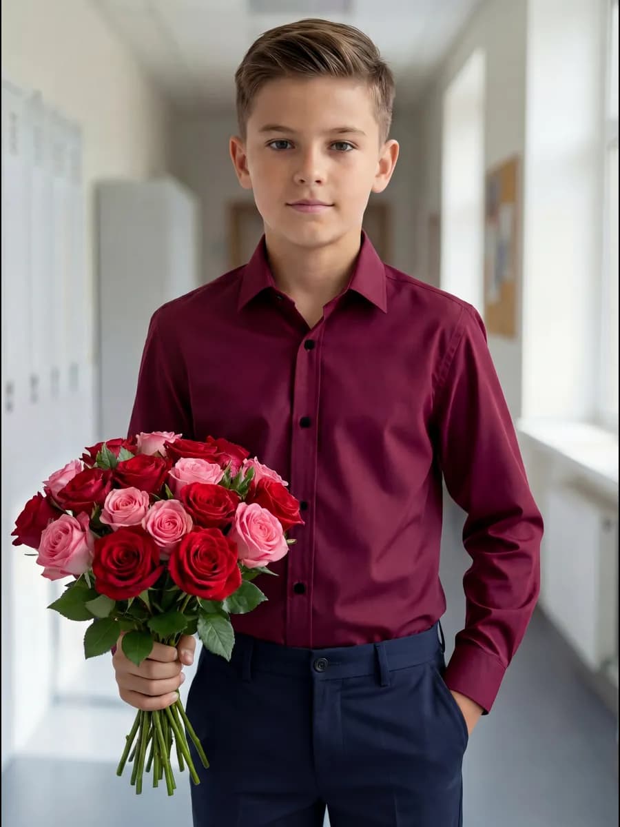 Бордовая рубашка праздничная для мальчика на кнопках