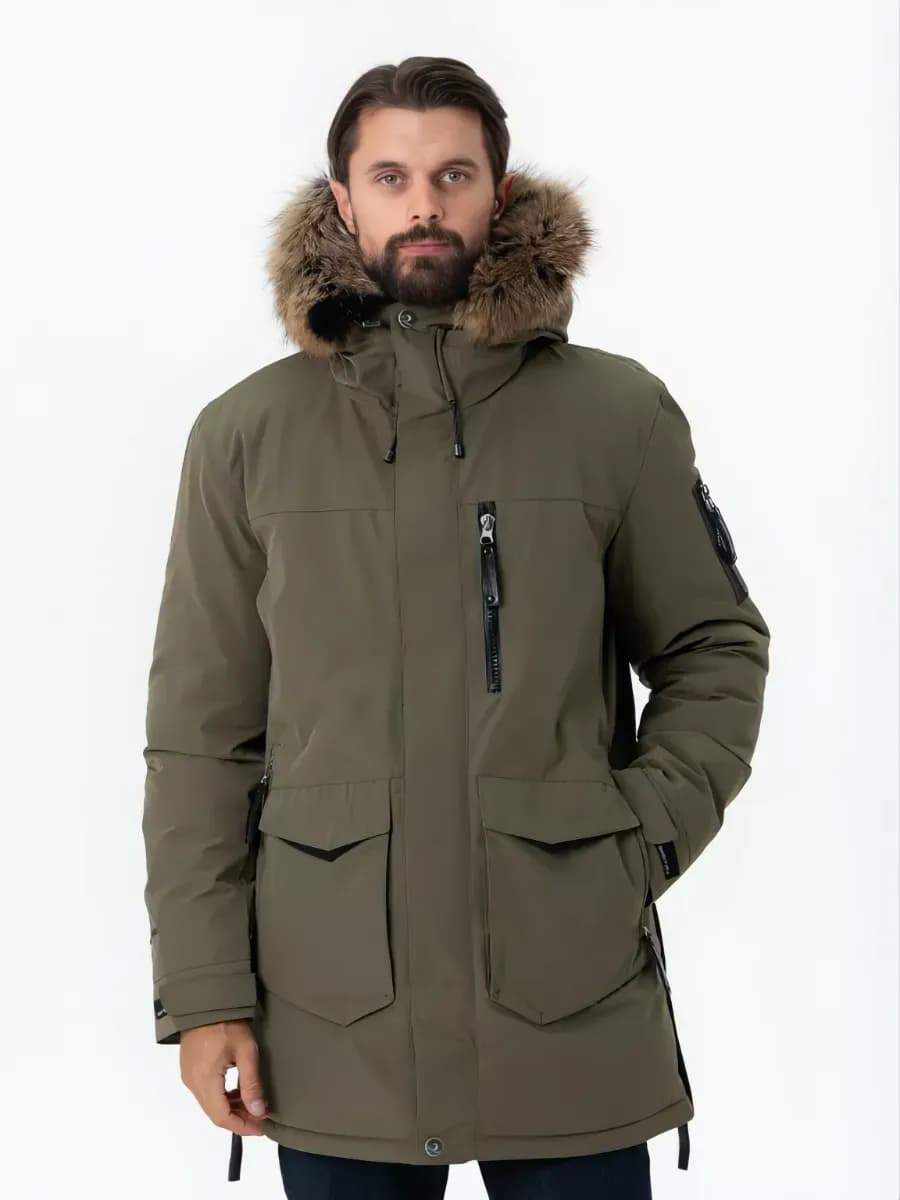 Куртка зимняя с капюшоном и мехом удлиненный пуховик до -40