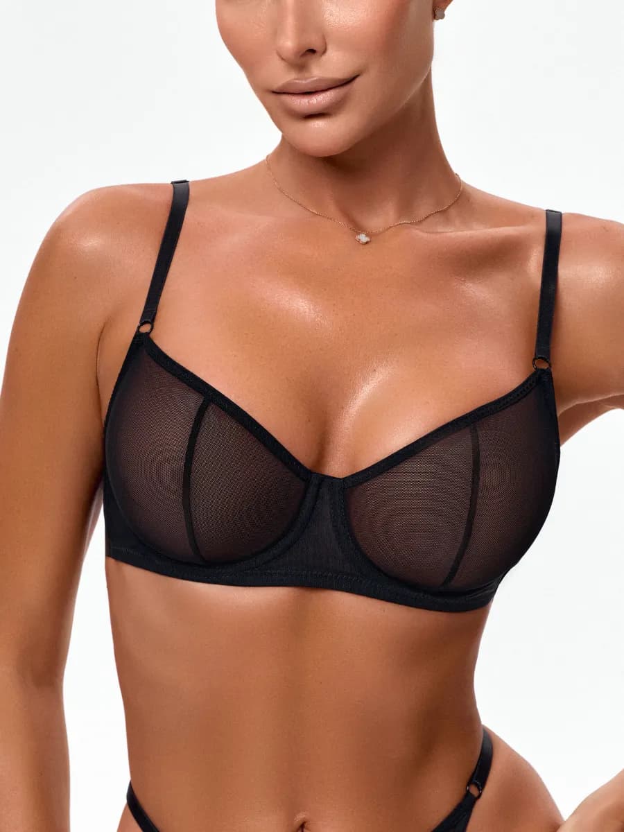 Бюстгальтер черный без поролона без пушап сетка прозрачный