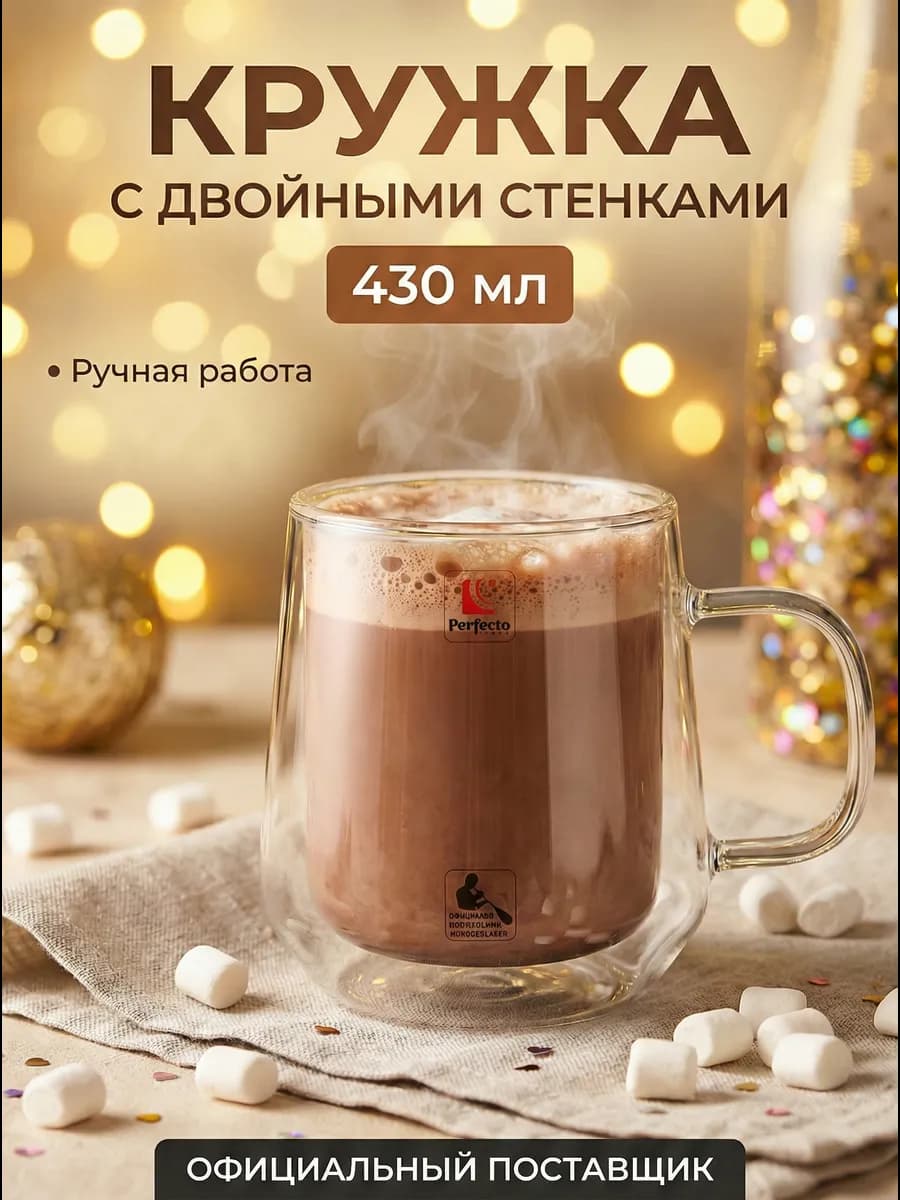 Кружка для чая с двойными стенками и дном прозрачная 430 мл