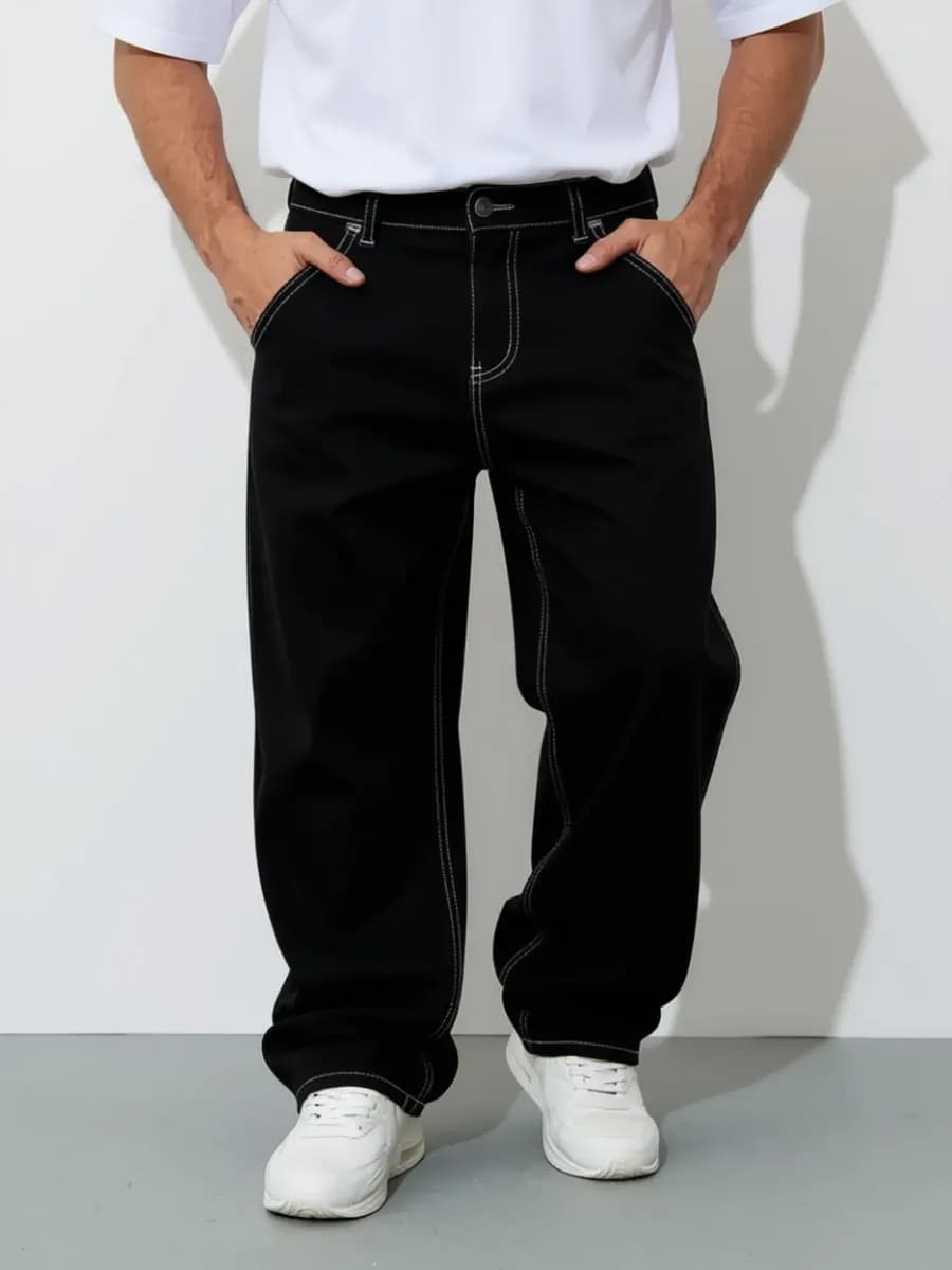 Широкие джинсы трубы прямые с белой строчкой Турция