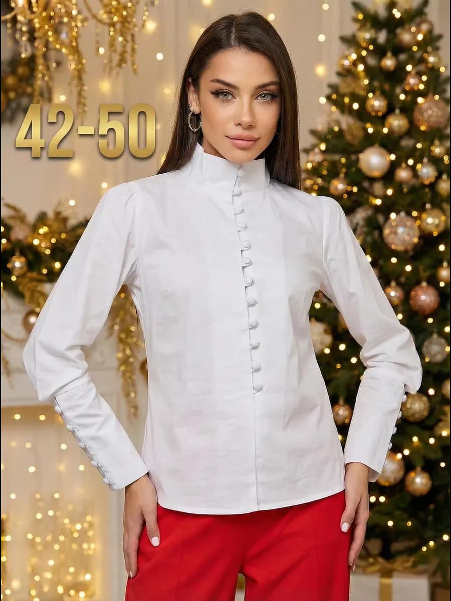 Блузка офисная длинный рукав стойка воротник