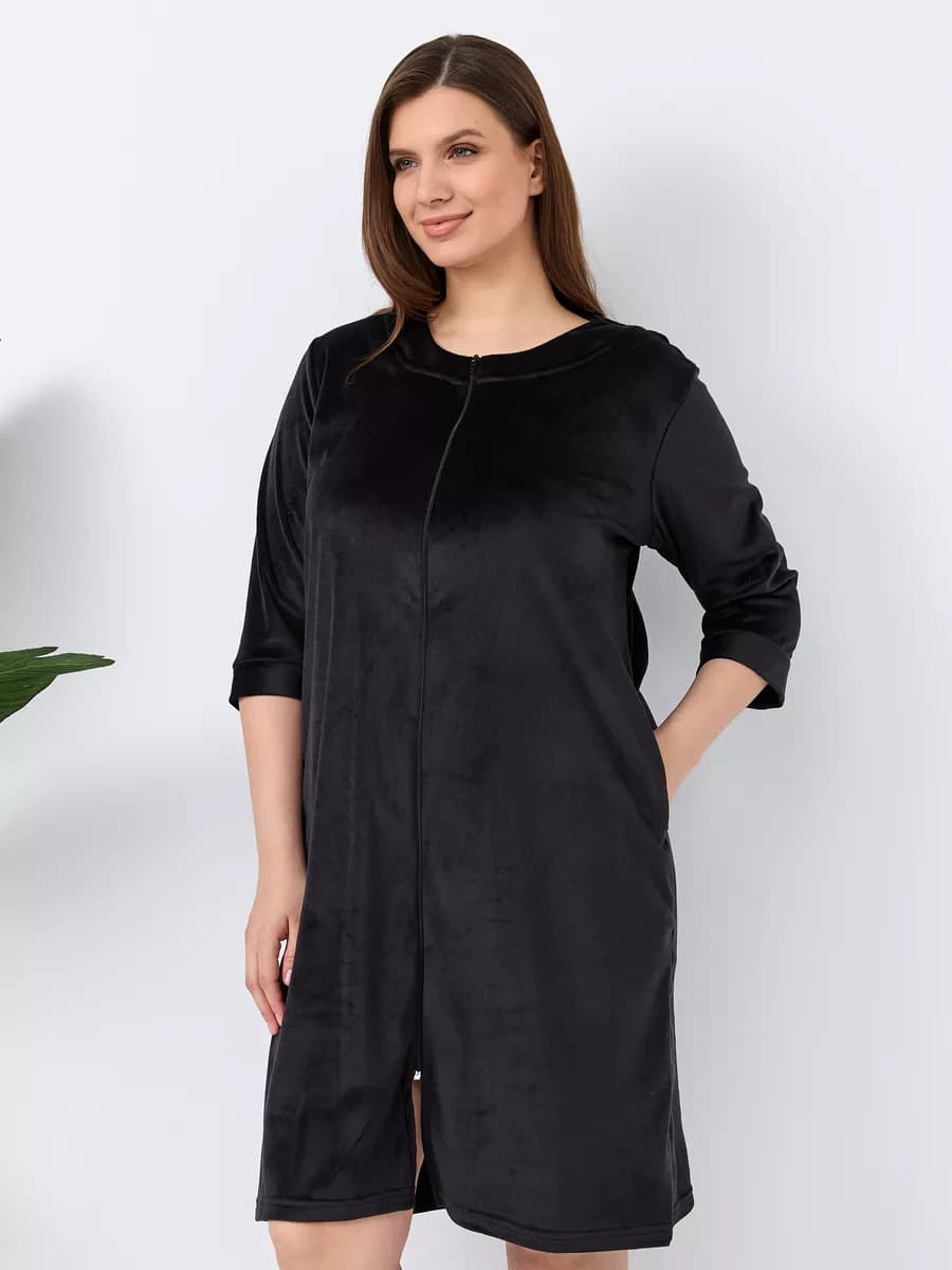 Велюровый халат на молнии домашний больших размеров теплый