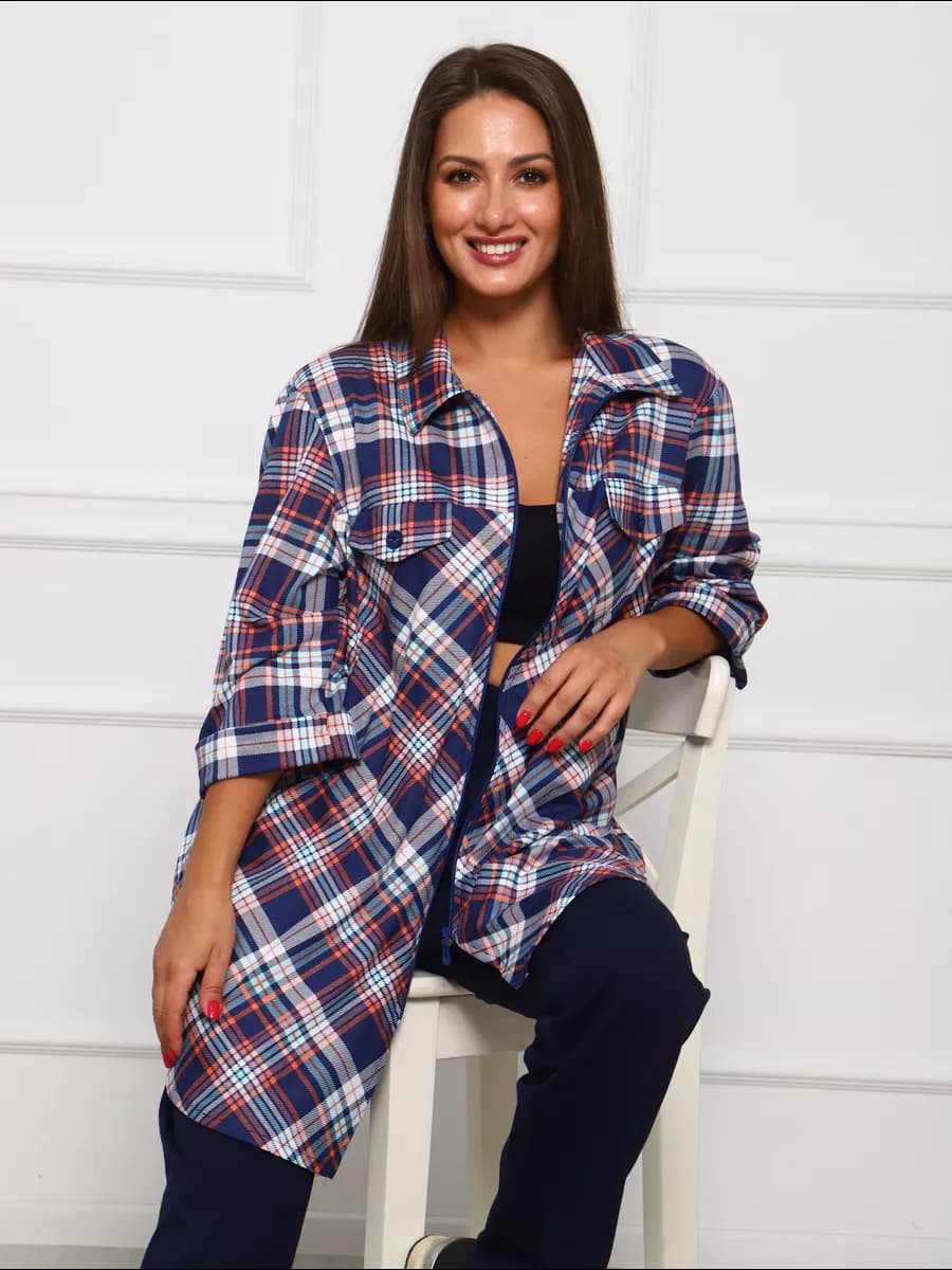 Рубашка в клетку хлопковая на молнии больших размеров