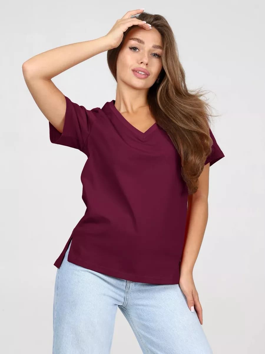 Футболка с вырезом хлопок бордовая