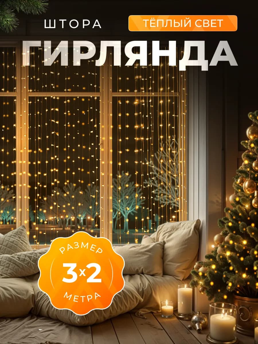 Гирлянда интерьерная новогодняя штора на окно 3х2