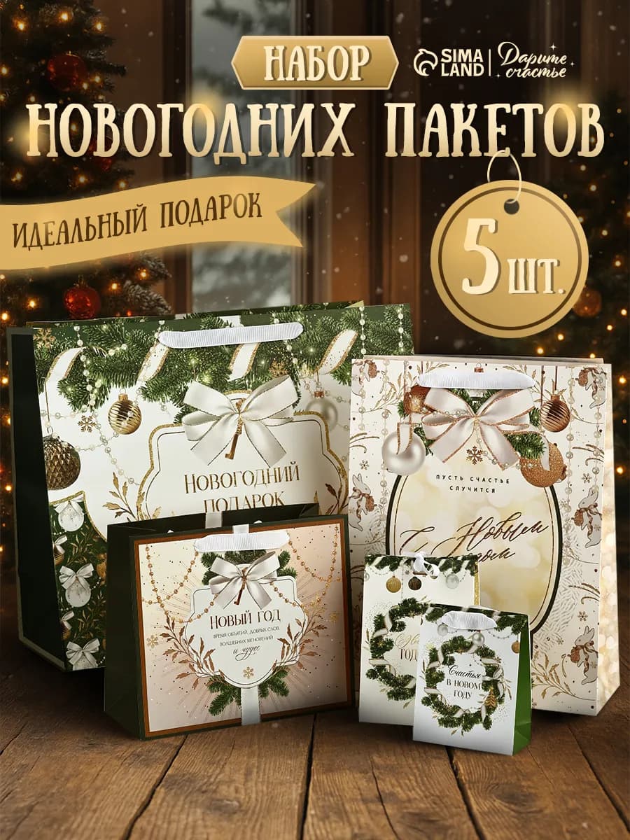 Новогодний подарочный набор пакетов, 5 шт