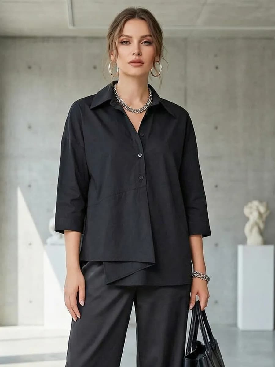 Блузка черная с укороченным рукавом удлиненная