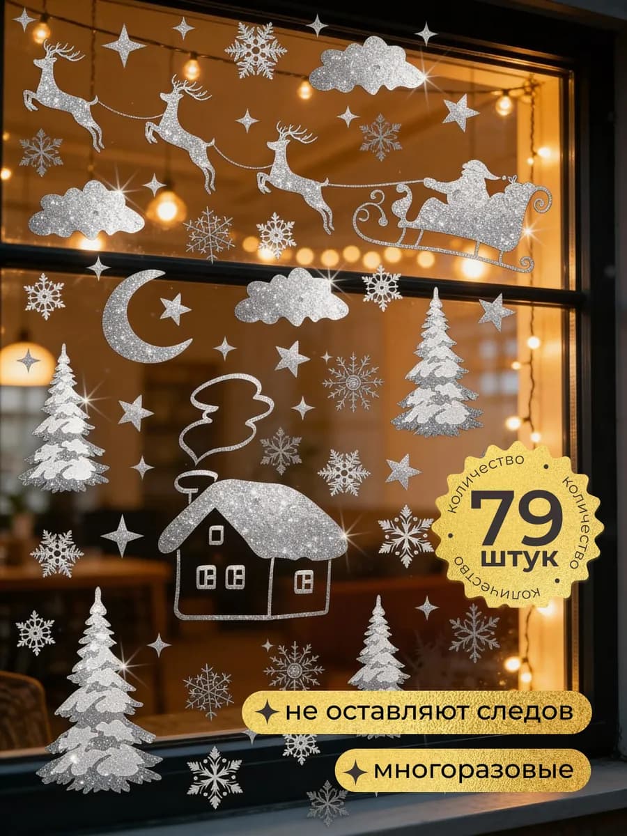 Новогодние наклейки снежинки на окна декор дома 2026, 79 шт