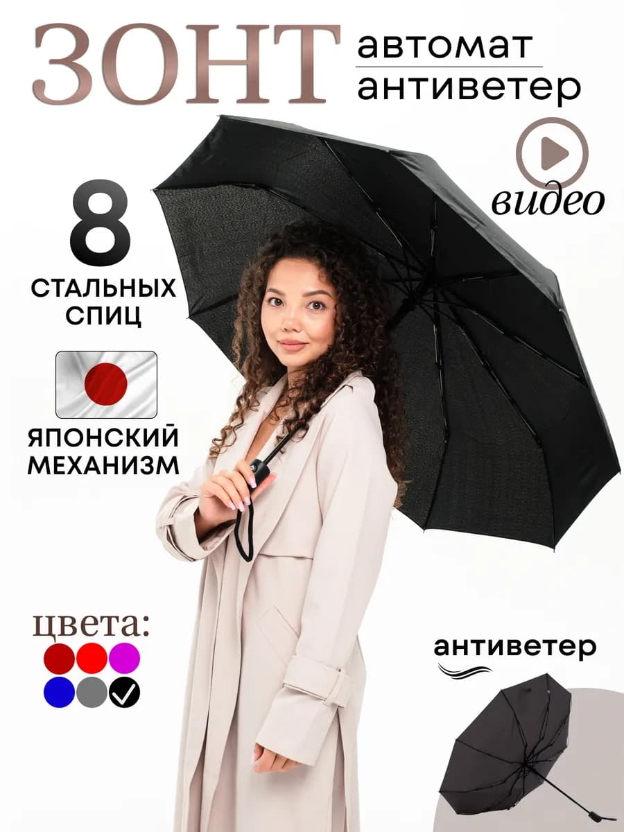 Зонт женский автомат антиветер черный подарок женщине