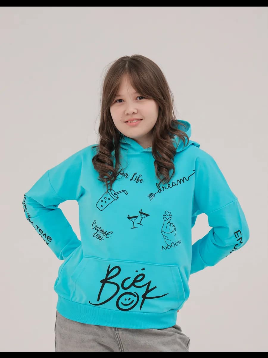 Худи с капюшоном и принтом без начеса подростковое