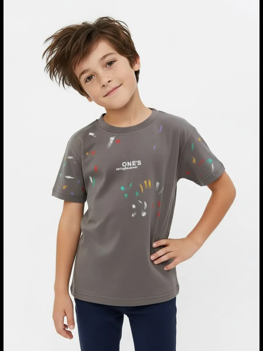 Футболка серая с принтом для мальчика в сад хлопок