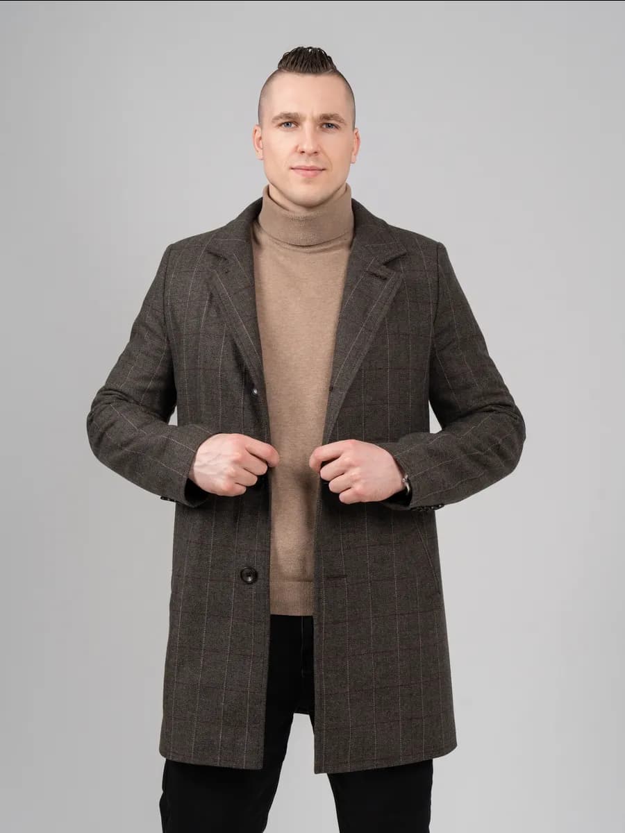 Пальто демисезонное коричневое в клетку