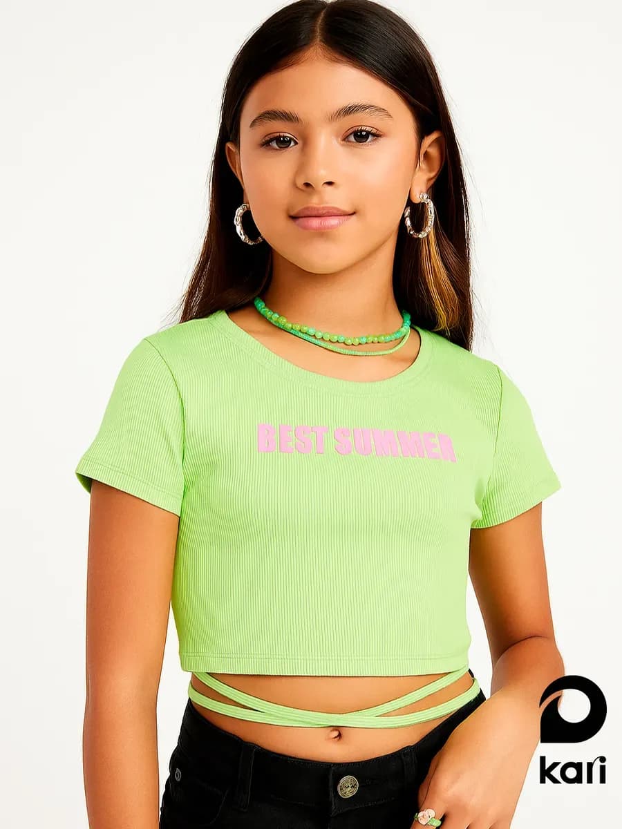 Футболка для девочки салатовая укороченная в рубчик