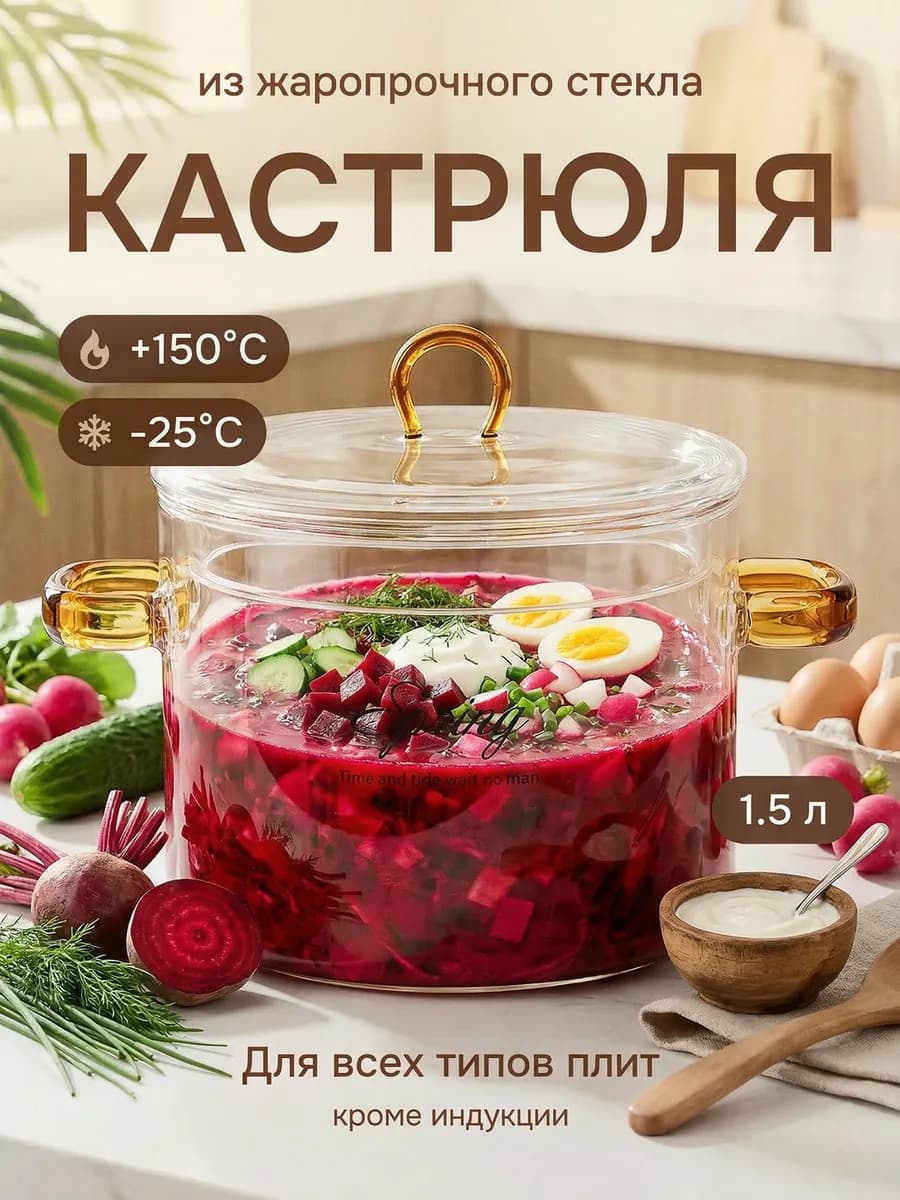 Стеклянная кастрюля 1 л 500 мл с крышкой прозрачная