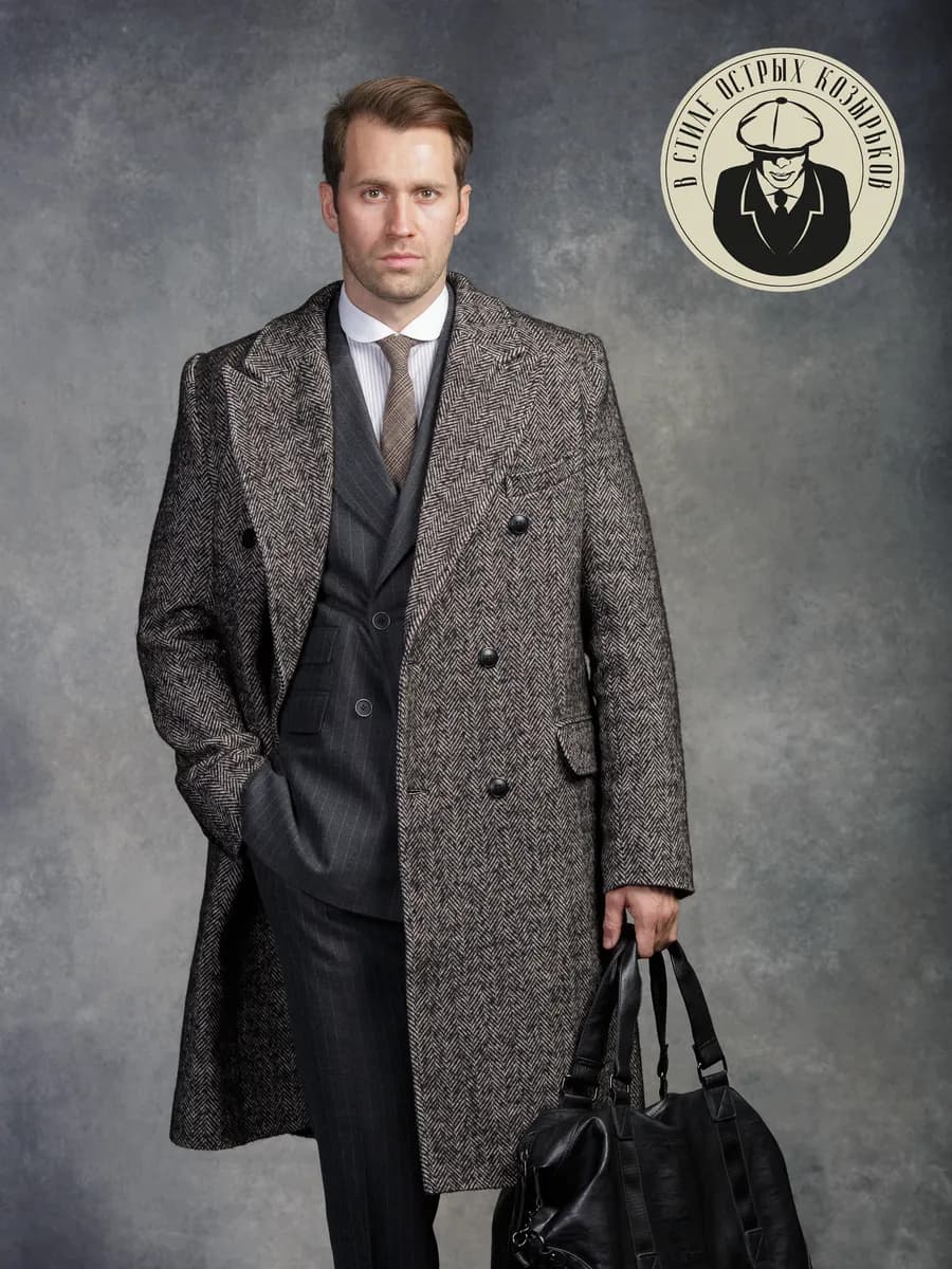 Пальто мужское длинное демисезонное твидовое Шелби 2