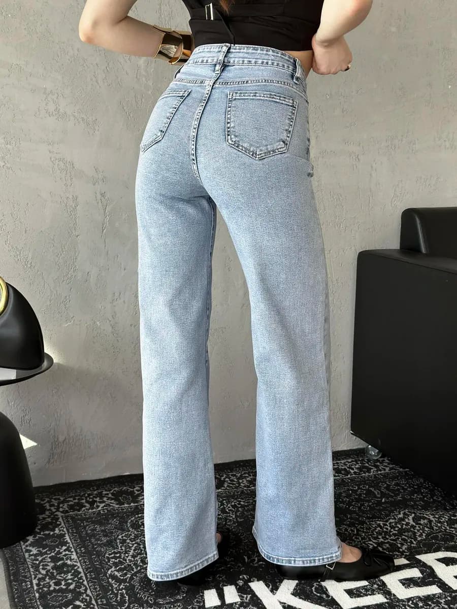 Джинсы прямые широкие голубые трубы с высокой посадкой