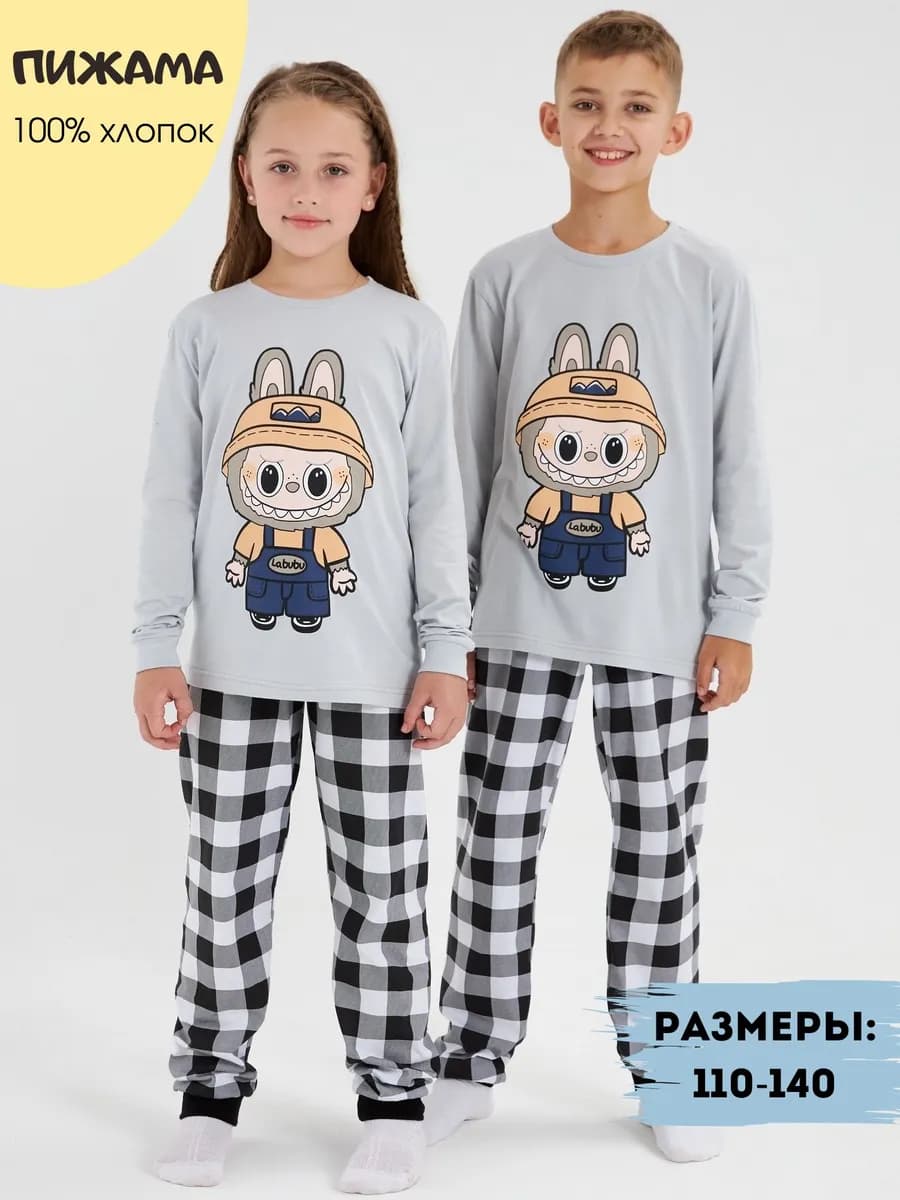 Пижама детская с принтом Лабубу со штанами в клетку