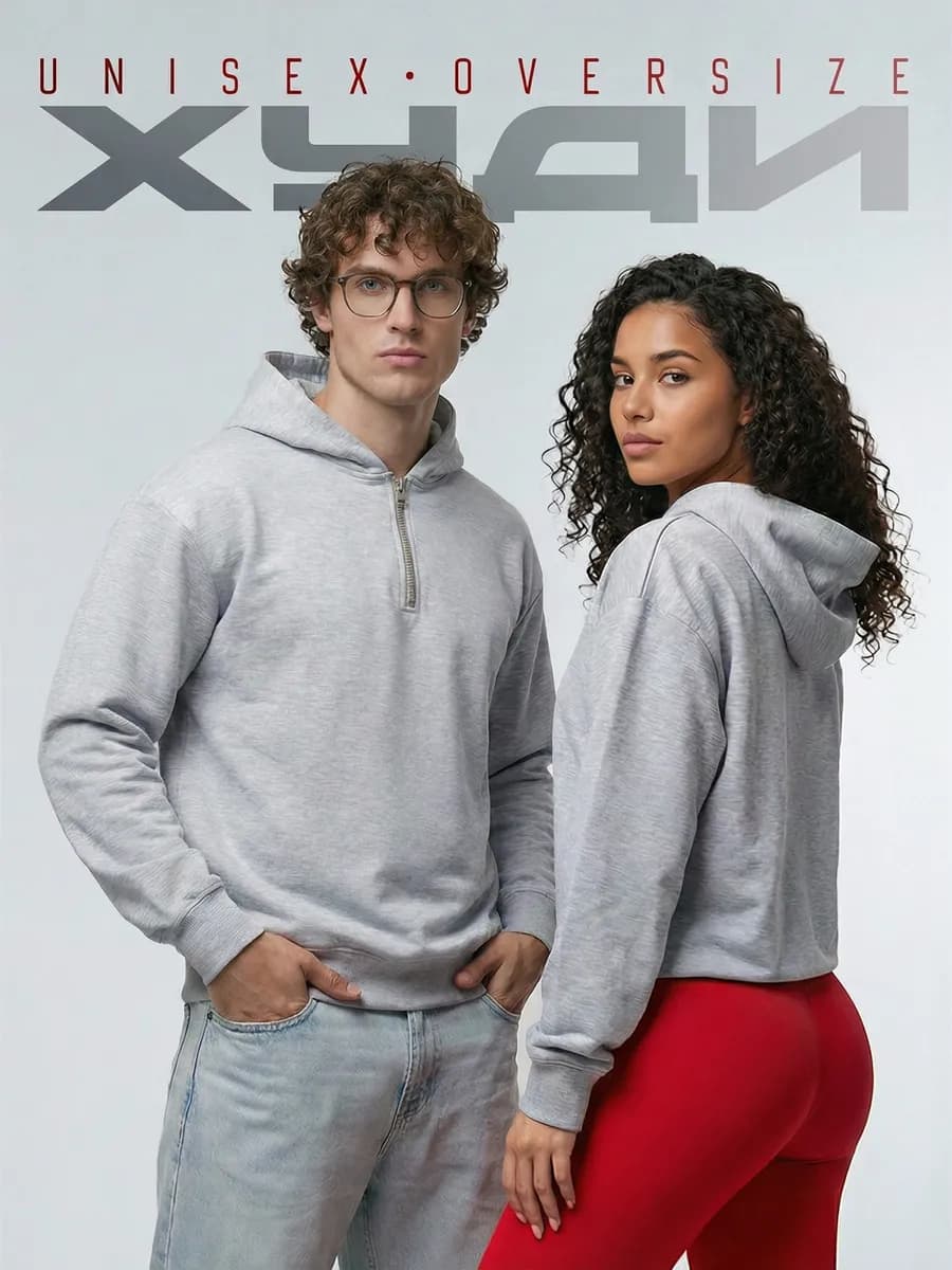 Худи с капюшоном серое полузамок