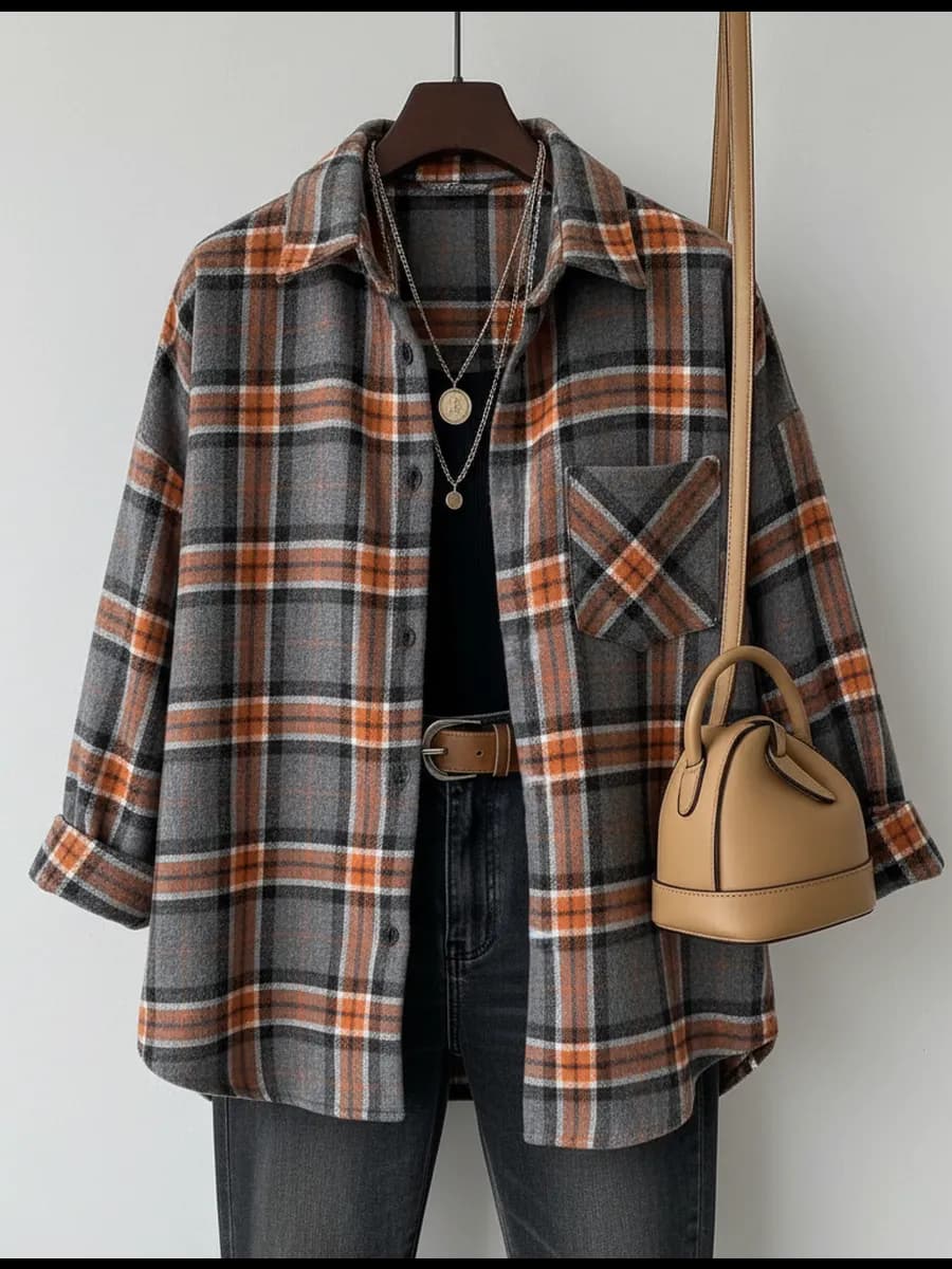 Удлиненная рубашка осенняя оверсайз в клетку теплая