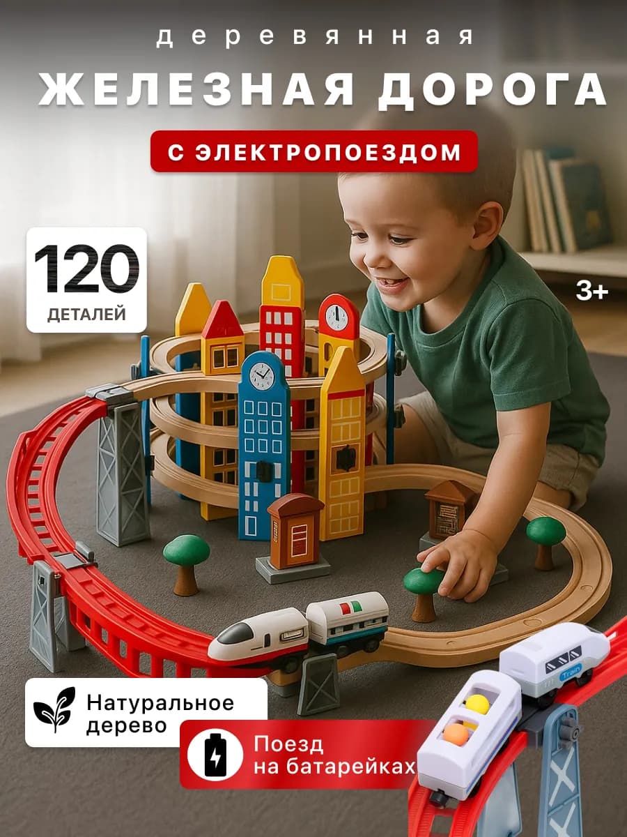 Железная дорога из дерева с электропоездом и вагонами