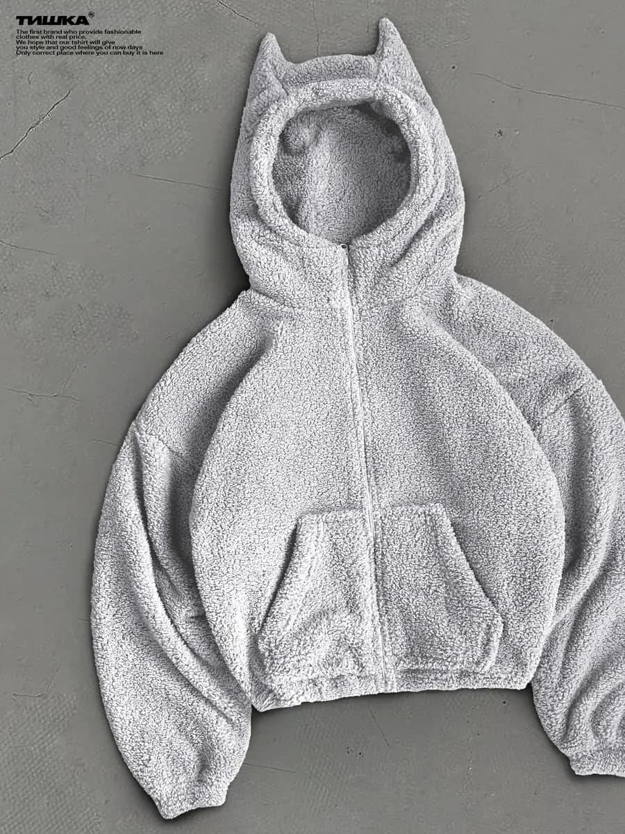 Плюшевое оверсайз зип худи с рожками