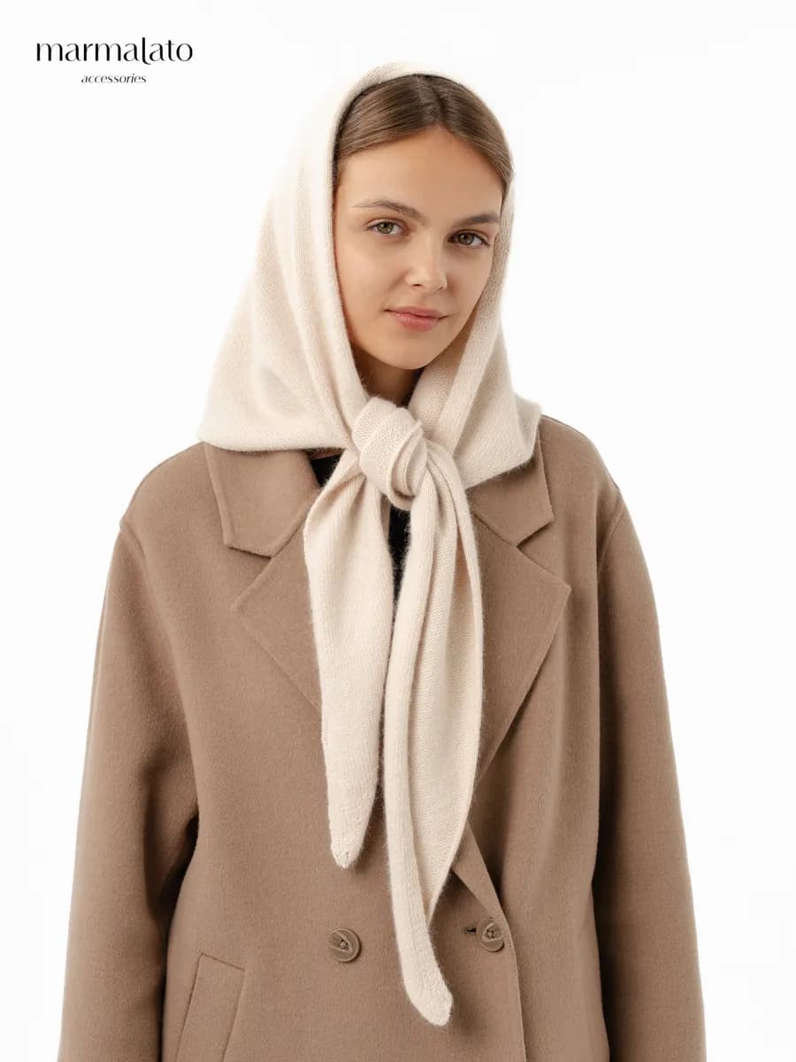 платок на голову теплый косынка вязаная с шерстью енота