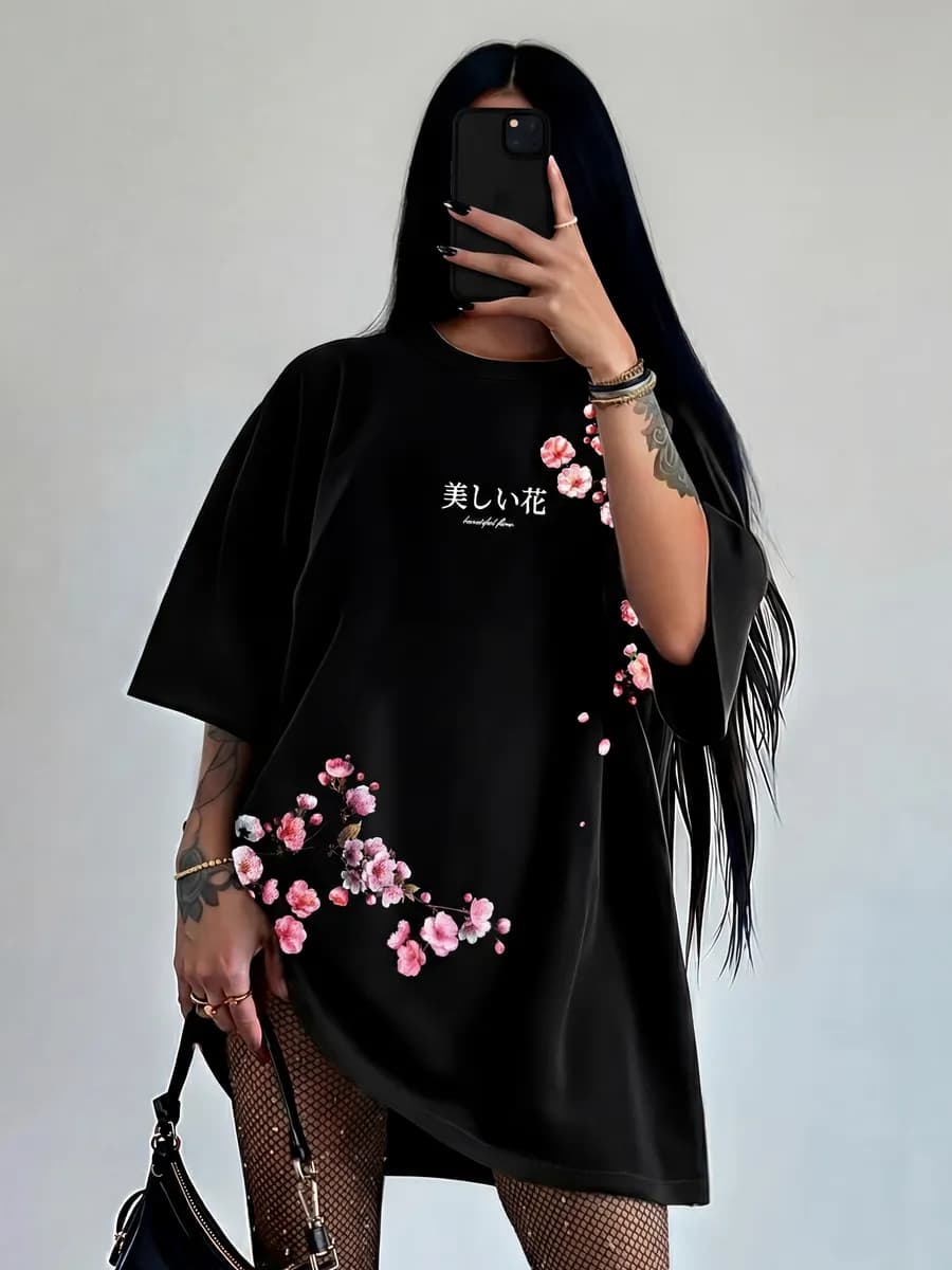 Футболка оверсайз хлопок светящийся принт сакура повседневна