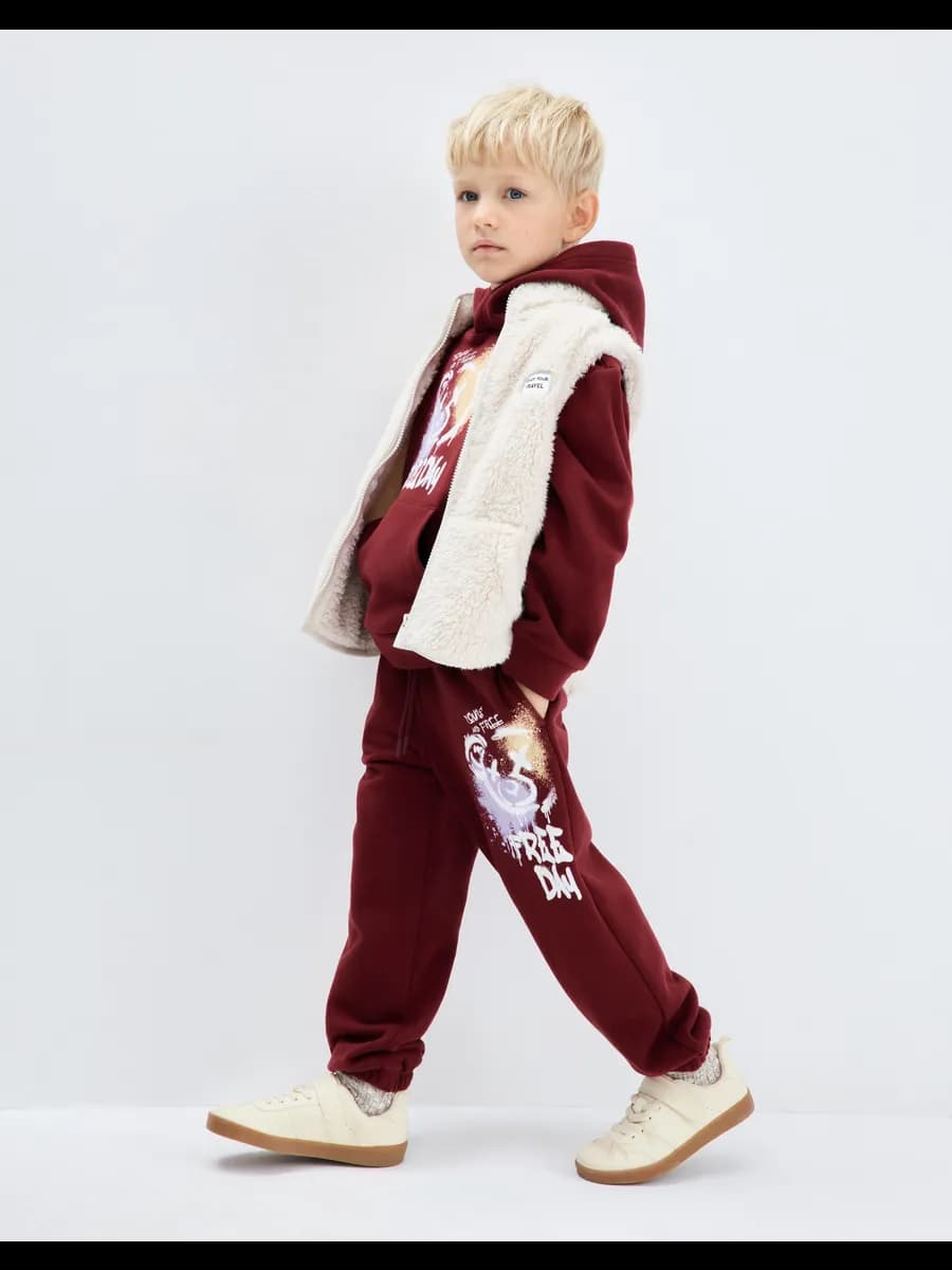 Бордовые спортивные брюки Jogger с принтом и начёсом
