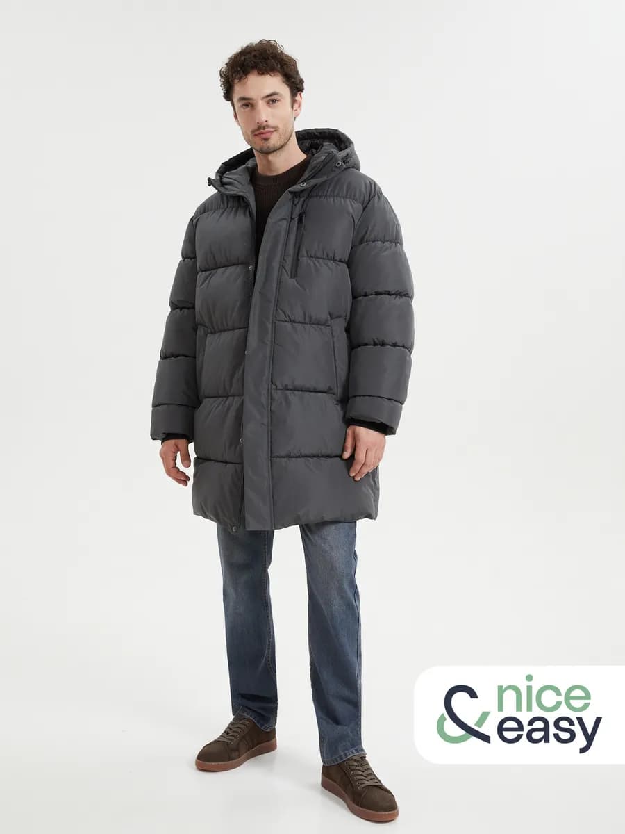 Тёплая мужская куртка-пальто с капюшоном