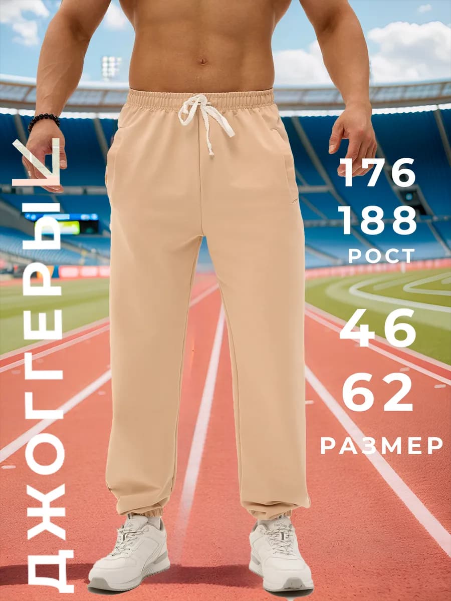Брюки спортивные трико бежевые джоггеры с шнурком
