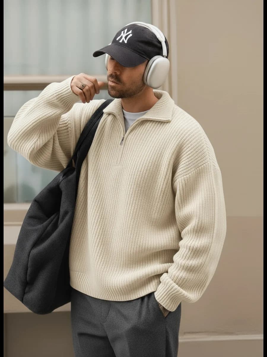 Свитер оверсайз вязаный с воротником на молнии