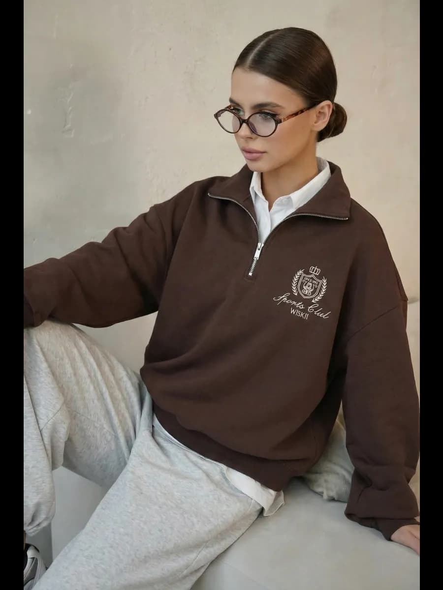 Свитшот полузамок оверсайз без начеса с принтом кофта