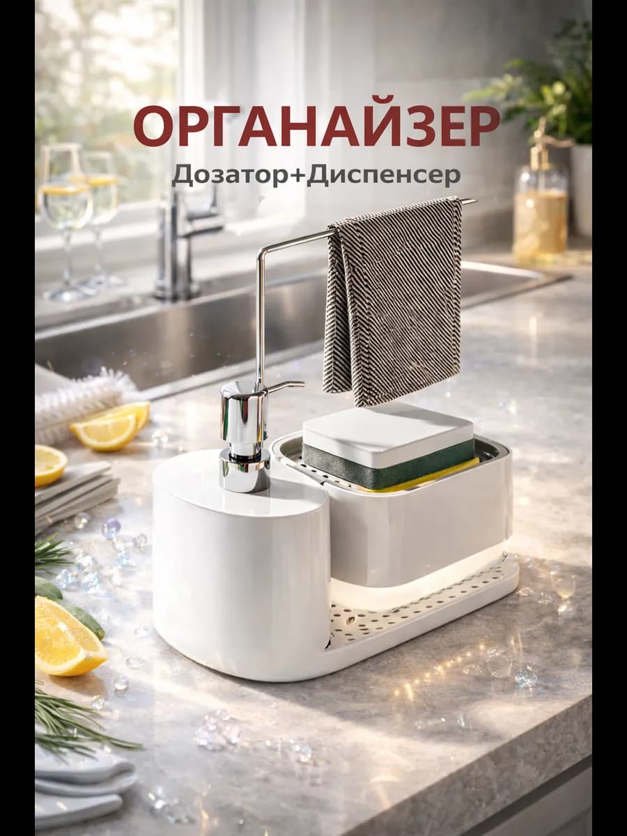 Диспенсер 3 в 1 для кухни с дозатором и держателем губки