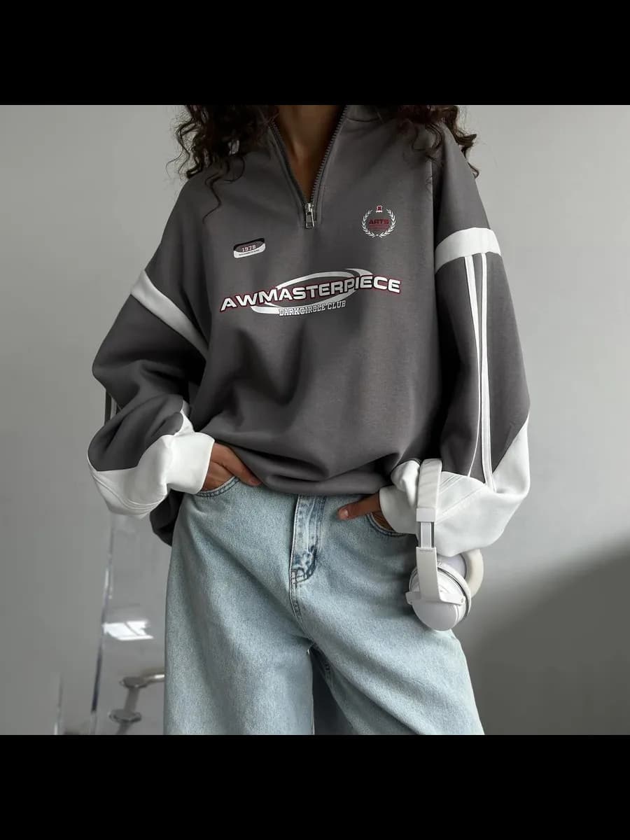 Свитшот полузамок оверсайз с принтом без начеса на молнии